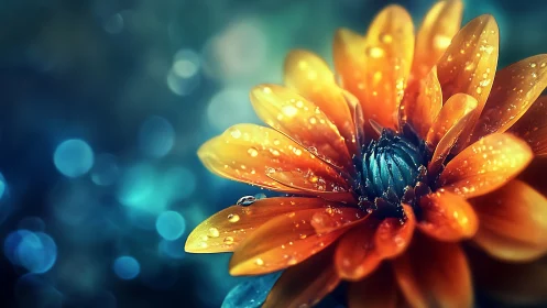 Orange flower with dew droplets against blurred teal background