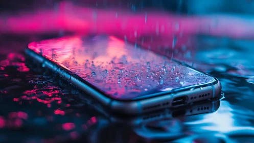 Wet smartphone on reflective surface under neon rain.