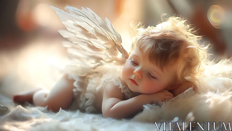 Sleeping baby angel with wings in warm soft light.