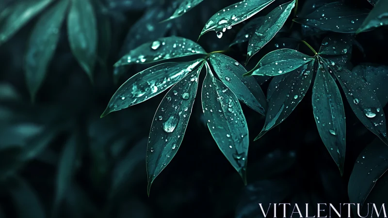 Midnight rain jewels on emerald jungle leaves in shadow.