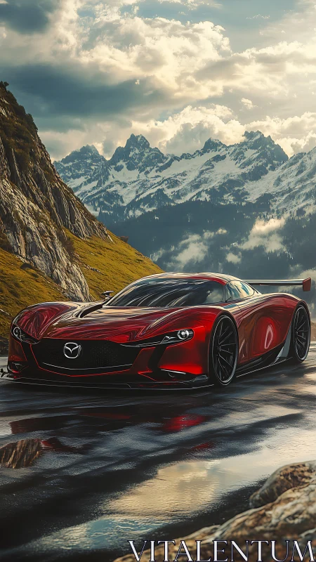 Red Mazda concept supercar on wet alpine mountain pass.