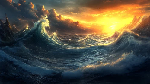 Storm-tossed ocean waves under incendiary sunset light.