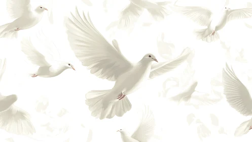 Elegant white doves in flight, digital art with soft realism.