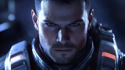 Futuristic armored soldier stares forward with intense focus