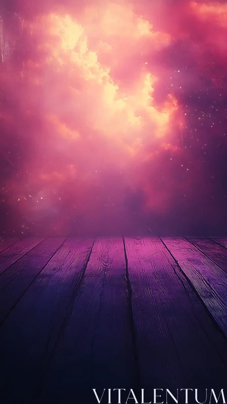 Nebulous magenta sky converges with dark wooden stage plane