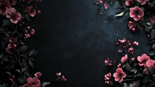 Pink Cherry Blossoms Arranged Against Textured Dark Slate Background.