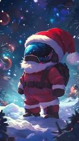 Tiny spacefaring Santa explores glowing snowy forest night