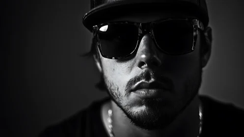 Low-key monochrome portrait isolates male face with hard side lighting