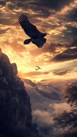 Golden eagle soars above misty mountains at fiery sunset.