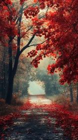 Vermillion Canopy Perspective: Autumn Corridor Through Deciduous Trees.