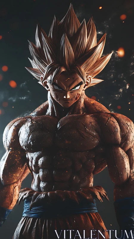 Muscular spiky‑haired warrior in stylized 3D render.