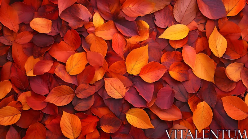 Autumn leaves carpet forms rich crimson and amber pattern.