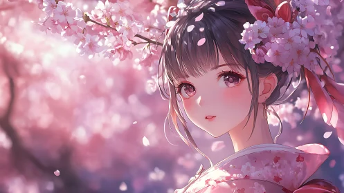Anime girl in kimono stands under blooming cherry blossoms
