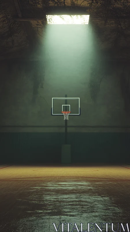 Solitary hoop under a ruined skylight in dustlit stillness.