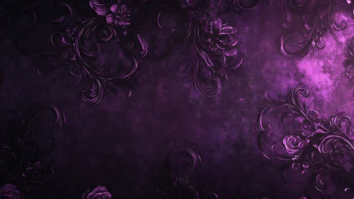 Ornate purple baroque floral scrolls on textured background.