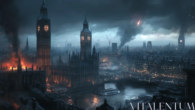 Post-apocalyptic London skyline under bombardment and urban fires
