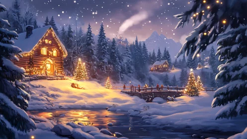 Snowlit cabins trade golden stories across a winter valley