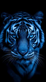 Bioluminescent blue tiger portrait rendered in high contrast