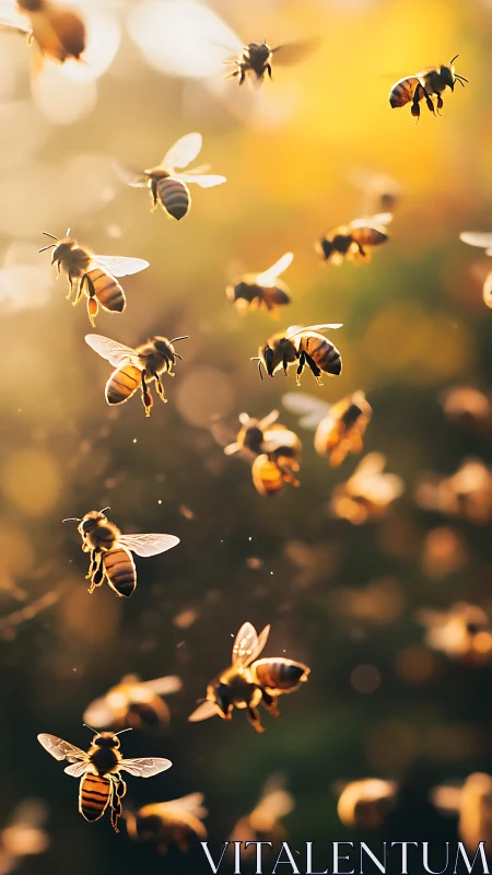 Golden honeybees dance gently in warm evening sunlight