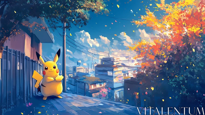 Pikachu enjoys a glowing autumn sunset above a quiet town