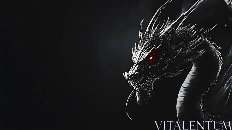 Monochrome side-lit dragon profile with glowing red eyes