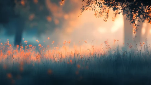 Backlit meadow renders atmospheric depth in soft focus