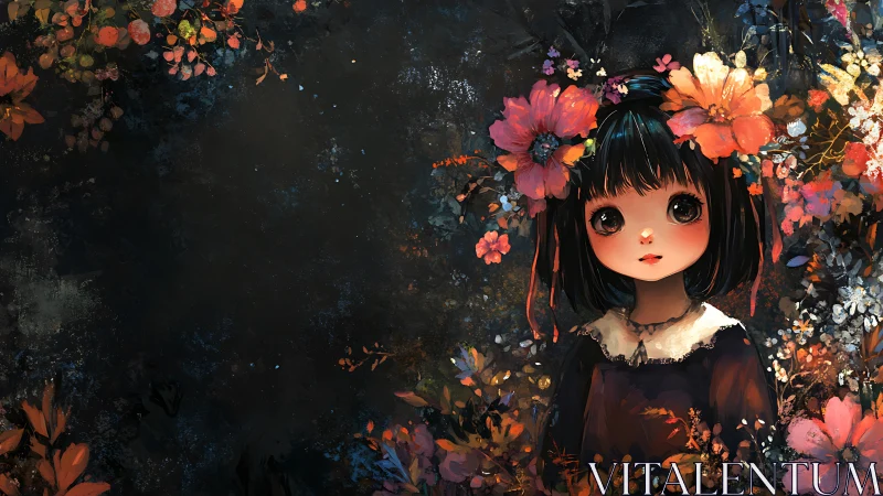 Midnight flower child amid luminous painted blossoms.