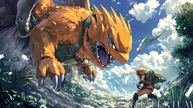 Armored orange dragon lunges at lone explorer under clouds.