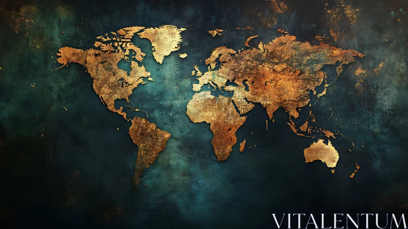 Golden world map shimmers over deep teal textured backdrop