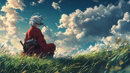 White haired swordsman sits in tall grass under dynamic clouds