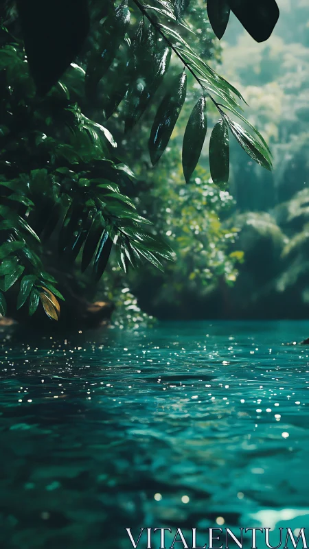 Sunlit rainforest pool rendered in hyperreal cinematic detail