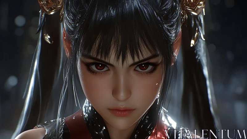 Fierce red eyed warrior girl glares in cinematic close up