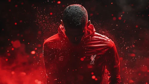 Soccer player in red jacket under dramatic red lighting.