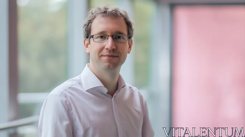Calm professional stands in soft pastel office daylight glow.