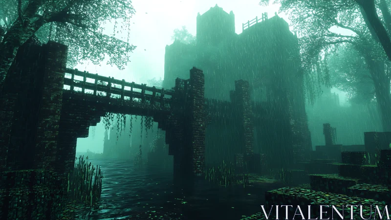 Ruined brick bridge crosses flooded fortress under rainfall