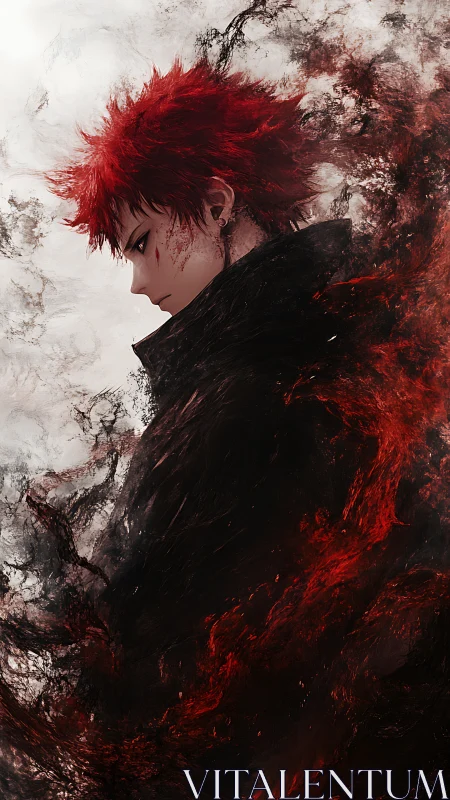 Red-haired figure in black coat with swirling dark energy.