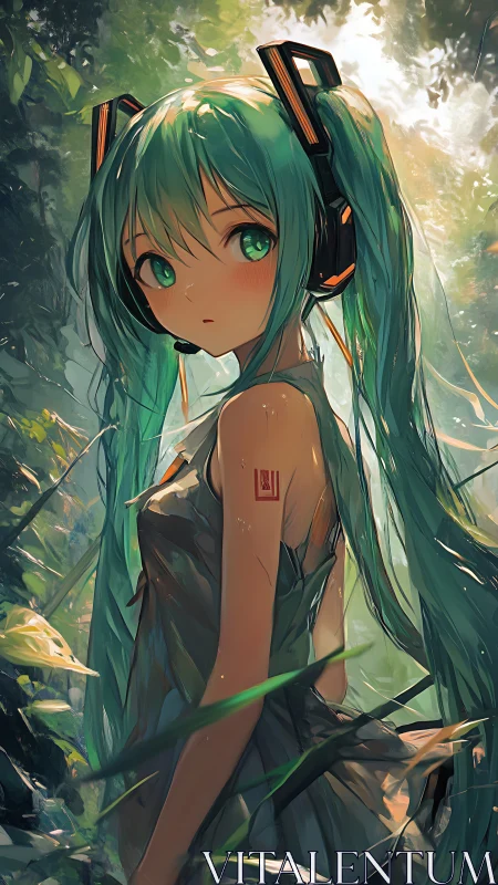 Forest cyber girl gazes back through dappled sunlight.