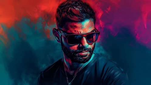 Digital portrait of man with sunglasses in neon colors.