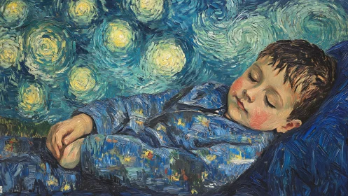 Sleeping child rendered in Van Gogh inspired impasto nocturne