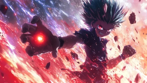 Explosive anime hero unleashes cosmic power in blazing sky