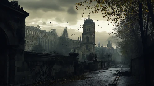 Deserted European street shows decaying church under storm clouds
