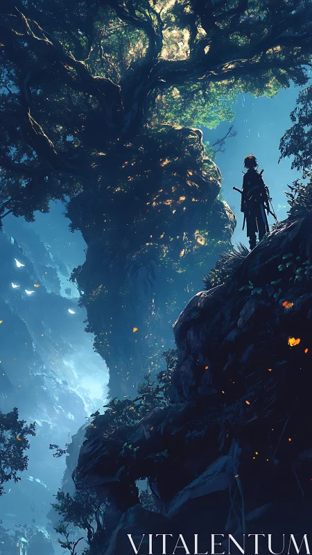 Solitary figure observing towering luminous forest tree.