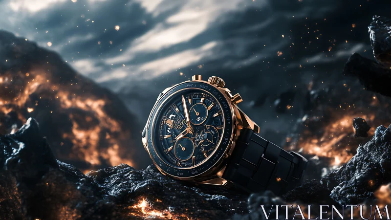 Volcanic chronograph blazing through molten twilight storm.