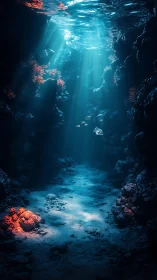 Sunlit underwater canyon welcomes gentle coral reef life