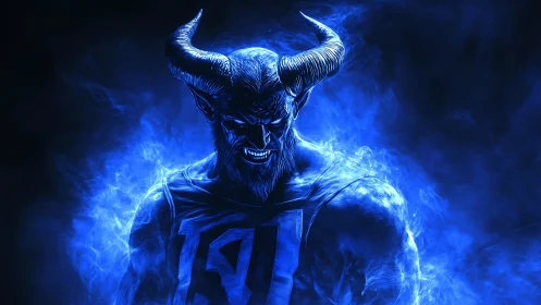 Horned blue demon athlete in electric smoke illumination.