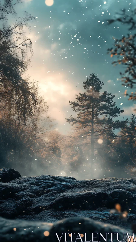 Volumetric winter forest backlit by diffused sunrise glow.