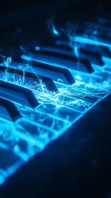 Electric blue piano keys with luminous digital energy.