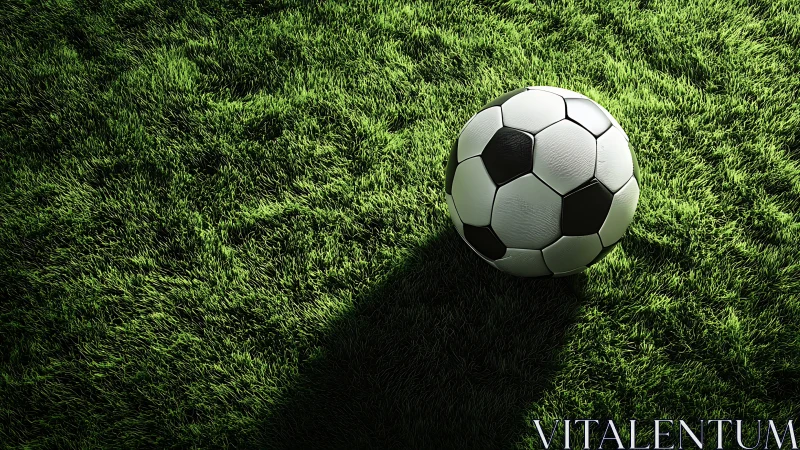Sunlit soccer ball resting on fresh green field turf.