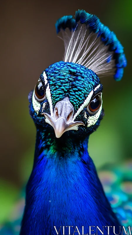 Macro telephoto portrait isolates iridescent peacock head plumage
