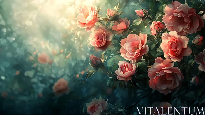 Garden roses with layered petals in warm-cool atmospheric composition.